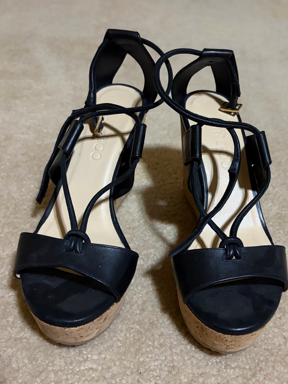 Jimmy Choo Black Cork Platform Lace-Up Sandals